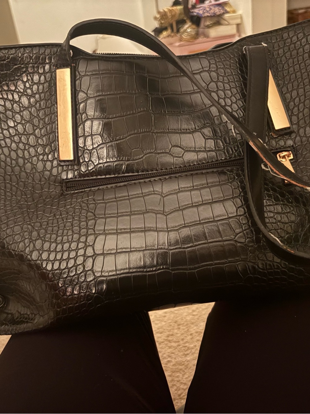 Black Croc-Embossed Tote Bag with Gold Accents